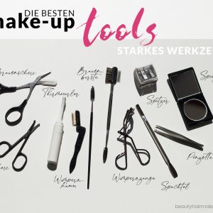 Schminkwerkzeug. Die besten Make-up Tools. Wimpernzange, Kosmetikspitzer, Brauenkamm